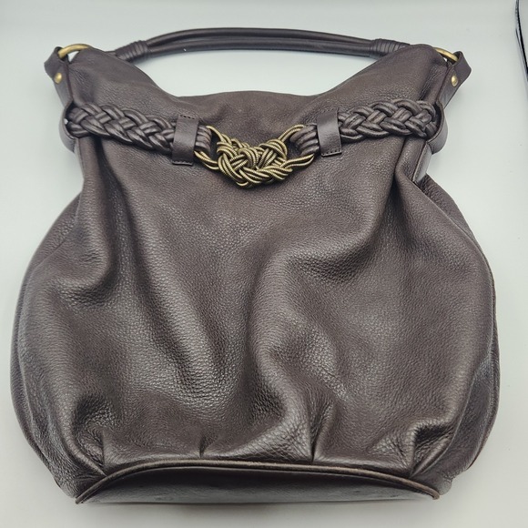 Aqua Madonna Genuine Leather Braided Bucket Shoulder Bag 15x16 Brown Red - Picture 1 of 15